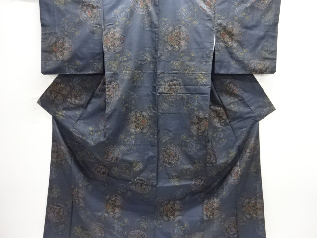 JAPANESE KIMONO / DORO OSHIMA TSUMUGI (7 maruki) / WOVEN OLD MIRROR & FLOWER 